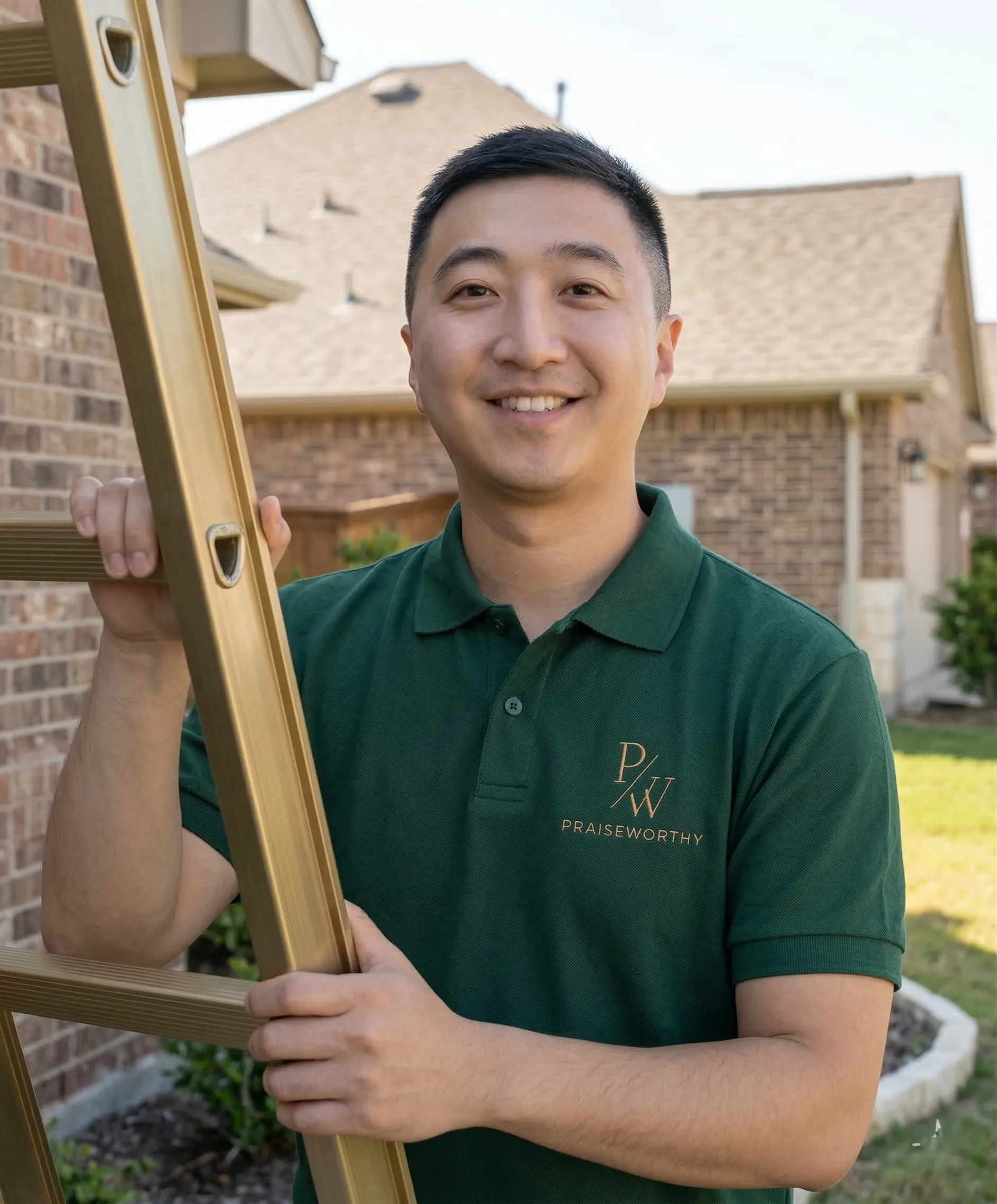 주택 방문 현장에서 사다리를 들고 있는 Praise Worthy 대표
