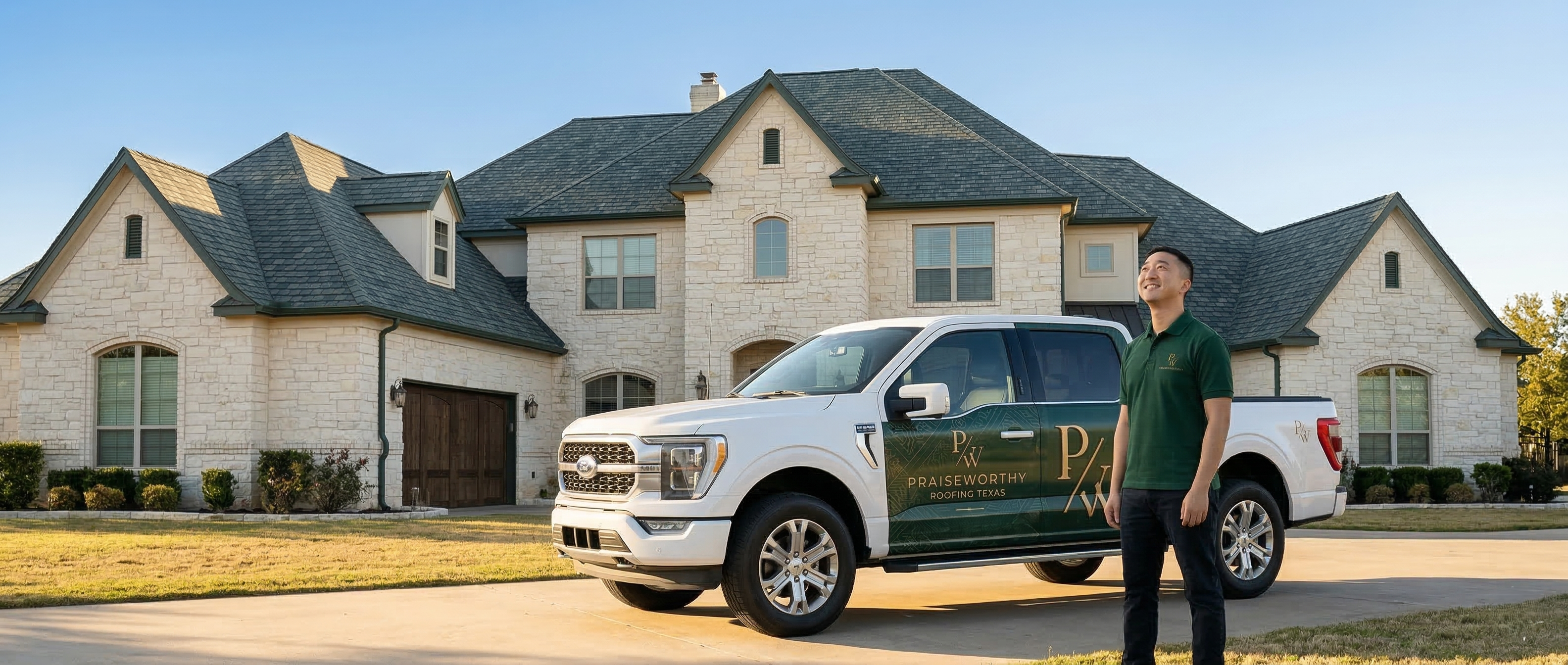 Praise Worthy roofing service truck near Arlington